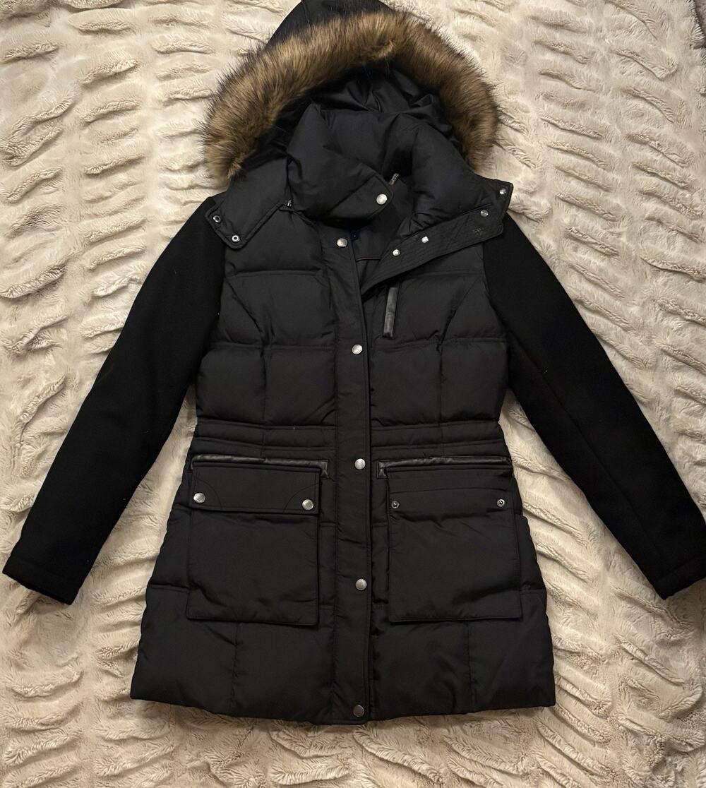 Cole Haan Black Mixed-Media Down Puffer Jacket with Faux Fur Hood - Size Small